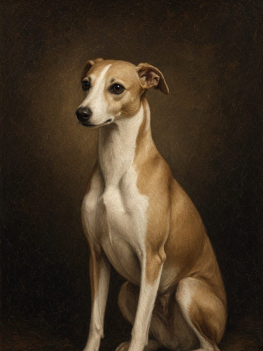 Studio example. The same whippet painted as a classic oil.