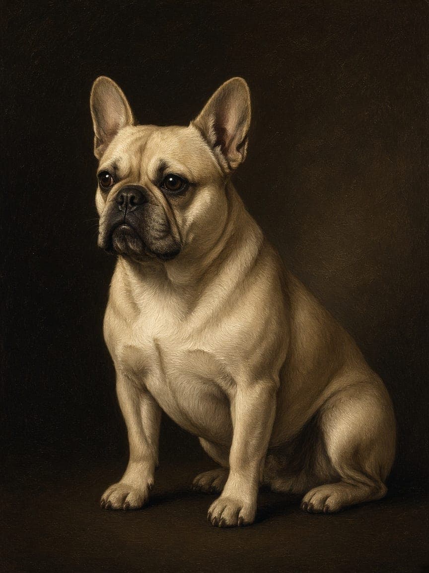 Studio example. A French bulldog in the manner of a classic oil portrait.