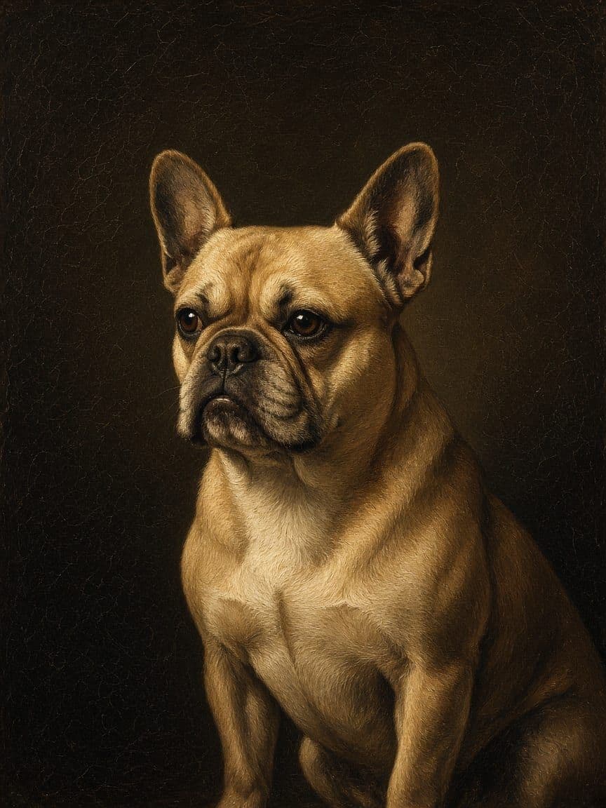 Studio example. A French bulldog in a museum oil, shown in a gilded frame.