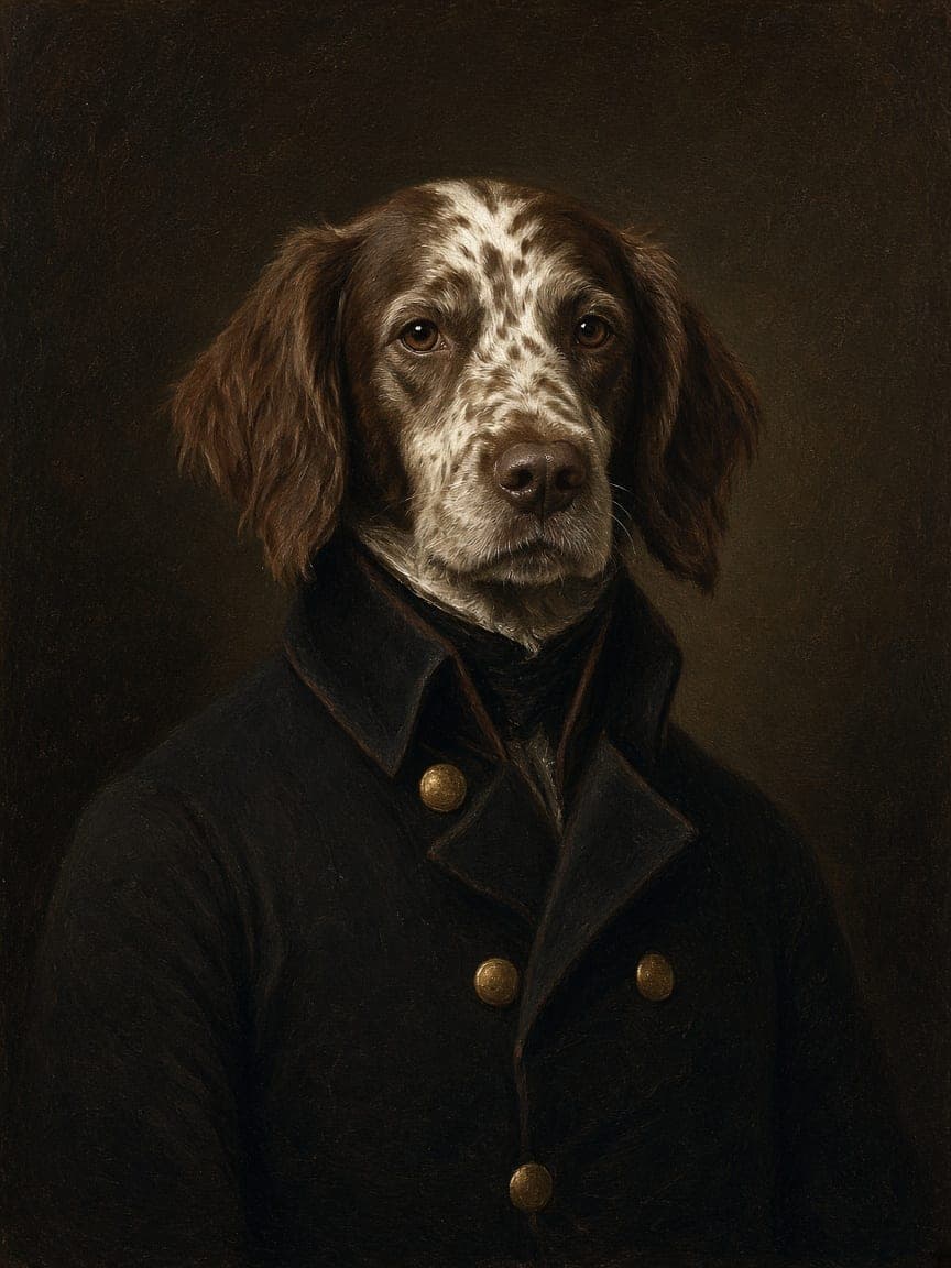 Studio example. A spaniel painted as an officer, in oil.