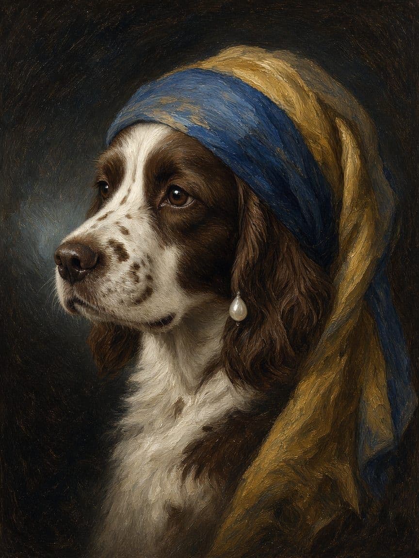 Studio example. A spaniel painted after Johannes Vermeer.