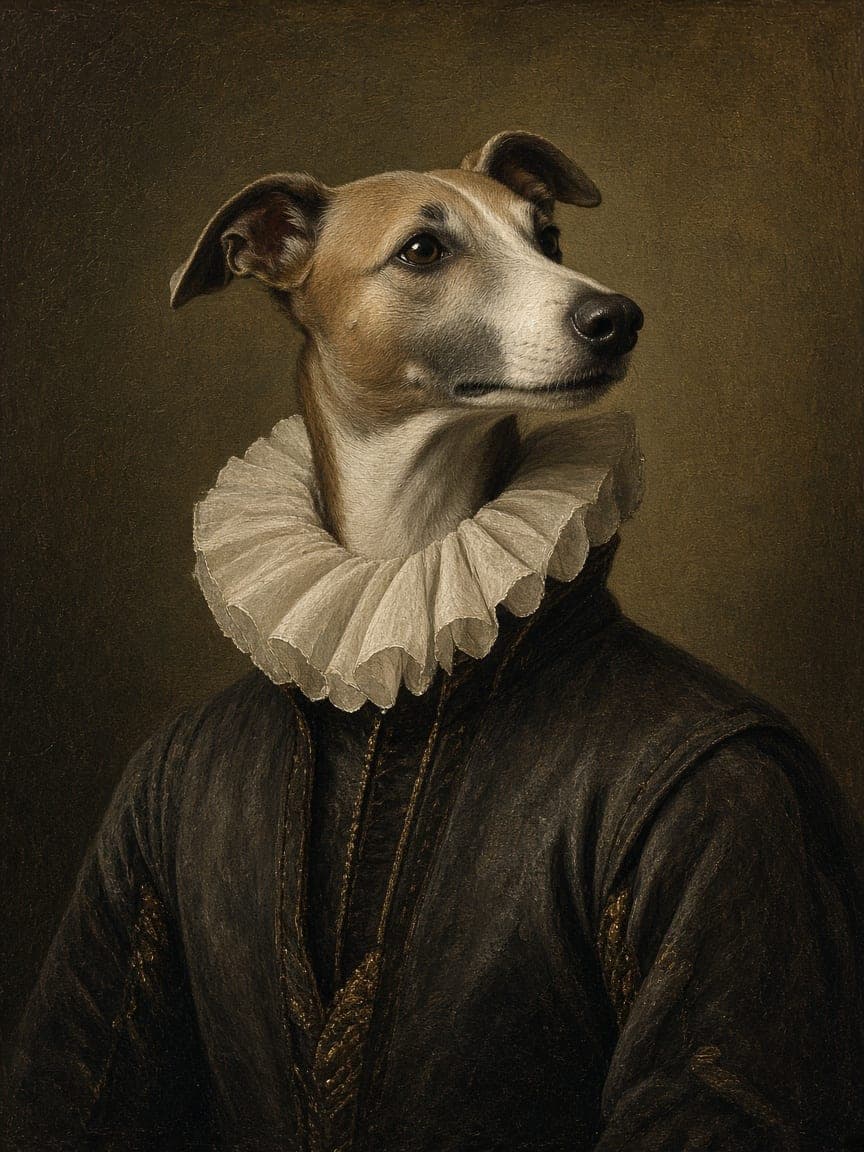 Studio example. A whippet painted as a Renaissance noble.